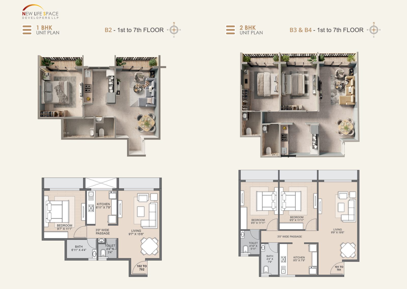Indicative 1 BHK and 2 BHK unit layouts