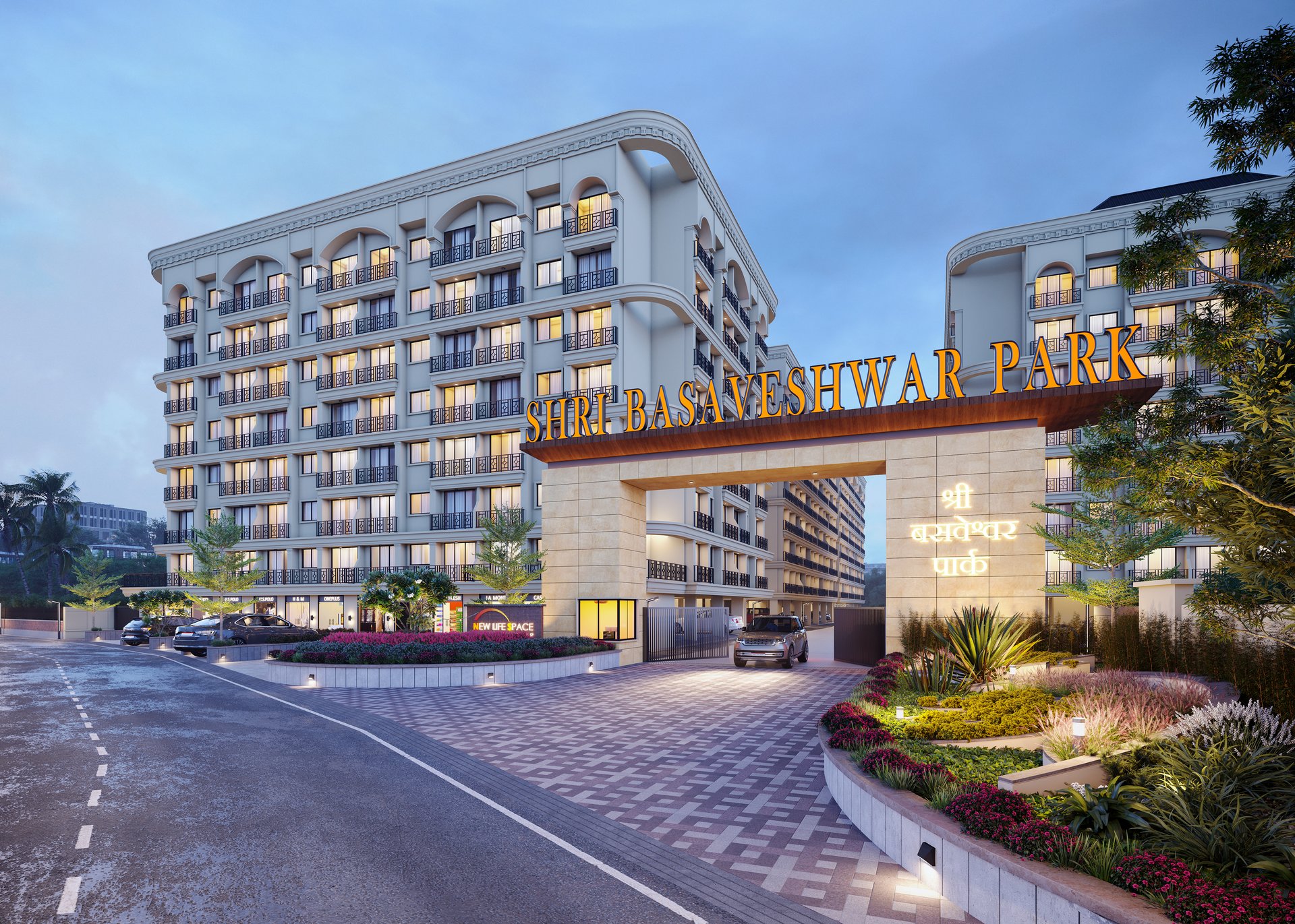 Entrance at evening 3D render