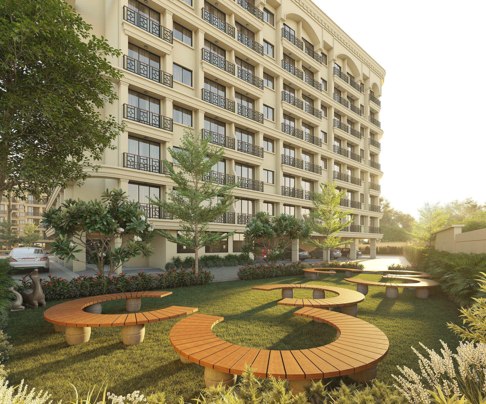 Shri Basaveshwar Park — landscaped lawn, seating and residential tower (3D render)